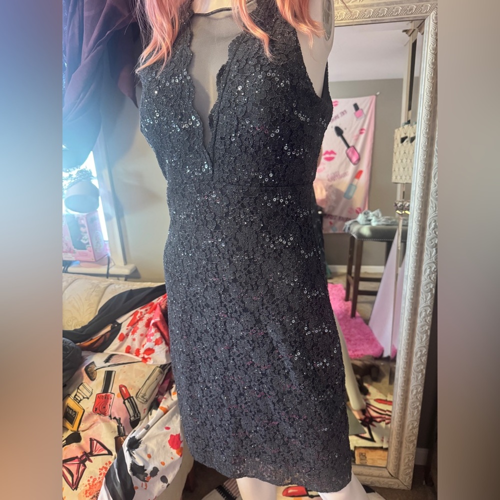 NW nightway charcoal sequin lined sleeveless mid length dress - Picture 6 of 17